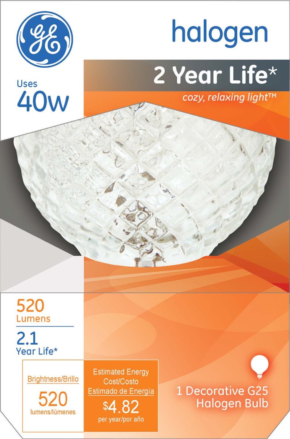 GE Lighting 16774 Decorative Halogen Crystal G25 Globe Bulb, 40W, 120V