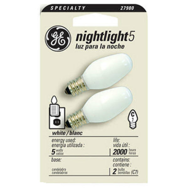 GE Lighting 27980 Candelabra Base C7 Nightlight Bulb, White, 5W, 2-Pack