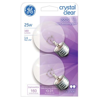 GE Lighting 42360 Incandescent G16.5 Globe Light Bulb, Crystal Clear, 25W, 2-Bulb