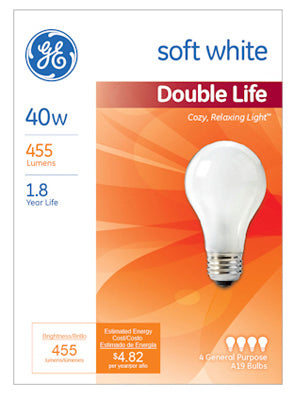 GE Lighting 48307 Incandescent A19 Double Life Light Bulb, Soft White, 40W, 4-Pack