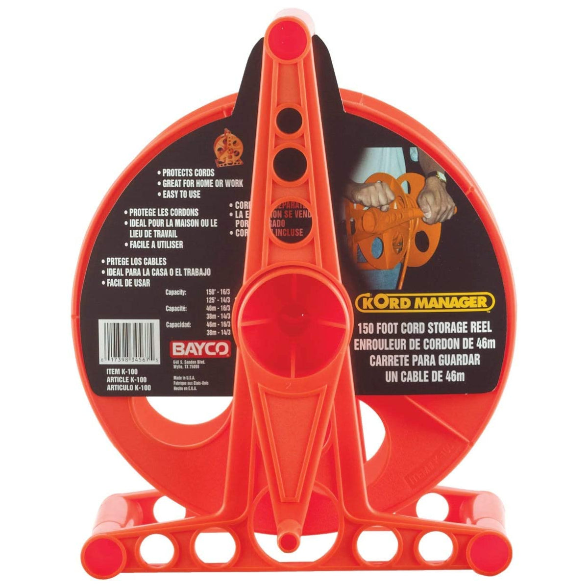 Bayco K-100 Cord Storage Reel with Stand, Holds Up To 150' Cord, Orange