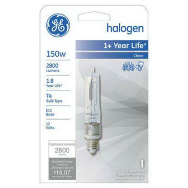 GE Lighting 19386 Candelabra Base T4 Quartz Halogen Bulb, Clear, 150W, 120V