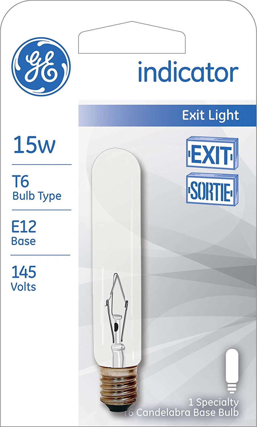 GE Lighting 22114 Candelabra Base T6 Tubular Exit Sign Bulb, Clear, 15W, 145V