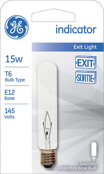 GE Lighting 22114 Candelabra Base T6 Tubular Exit Sign Bulb, Clear, 15W, 145V