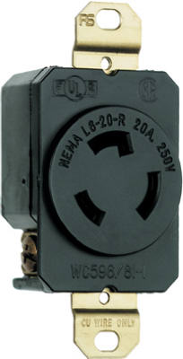Pass & Seymour Turnlok Single Receptacle, 20A, 250V, Black