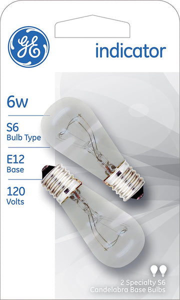 GE Lighting 15820 Candelabra Base S6 Indicator Light Bulb, Clear, 6W, 2-Pack