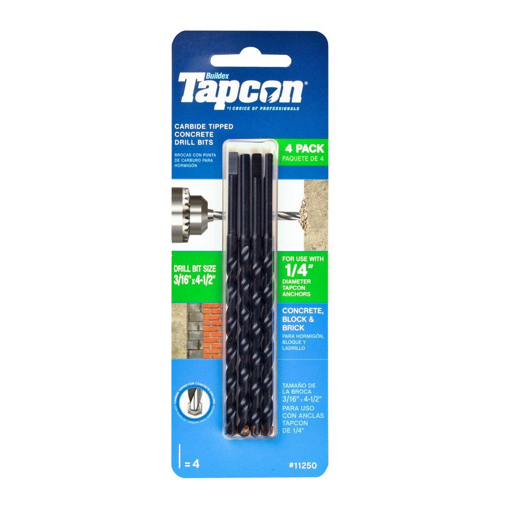 Tapcon® 11250 Carbide-Tipped Concrete Drill Bit, 3/16" x 4-1/2", 4-Pack