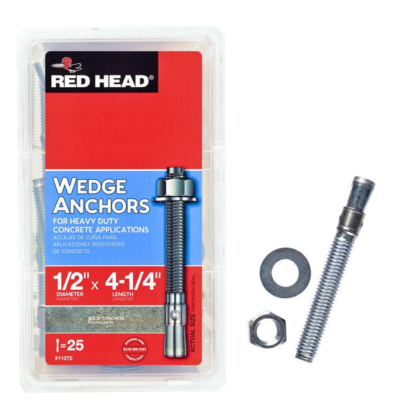 Red Head 11272 Concrete Wedge Anchors, Zinc Plated, 1/2" x 4-1/4", 25-Count