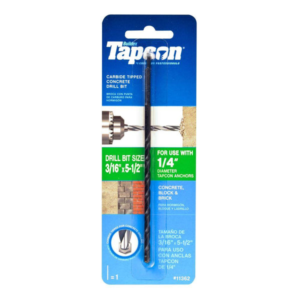 Tapcon® 11362 Carbide-Tipped Concrete Drill Bit, 3/16" x 5-1/2"