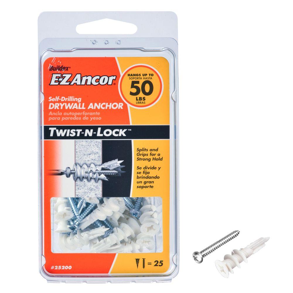E-Z Ancor® 25200 Twist-N-Lock™ Self Drilling Drywall Anchor, 50 Lb, 25-Pack