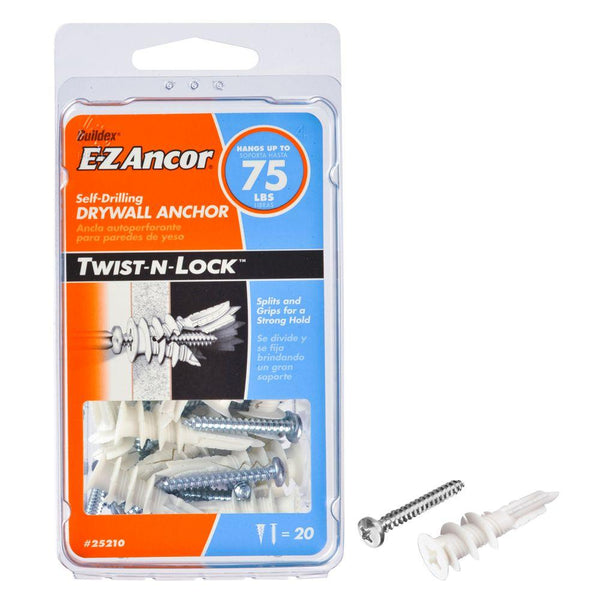 E-Z Ancor® 25210 Twist-N-Lock™ Self-Drilling Drywall Anchor, 75 Lb, 20-Pack