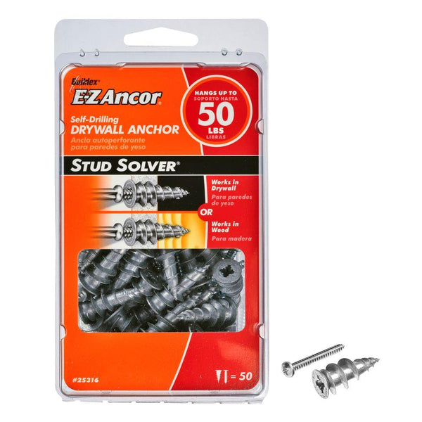 E-Z Ancor® 25316 Stud Solver® Self-Drilling Drywall Anchors, 50 Lb, 50-Pack