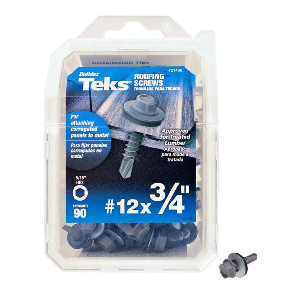 Teks 21408 Hex-Washer-Head Drill Point Roofing Screws, #12 x 3/4", 90-Count