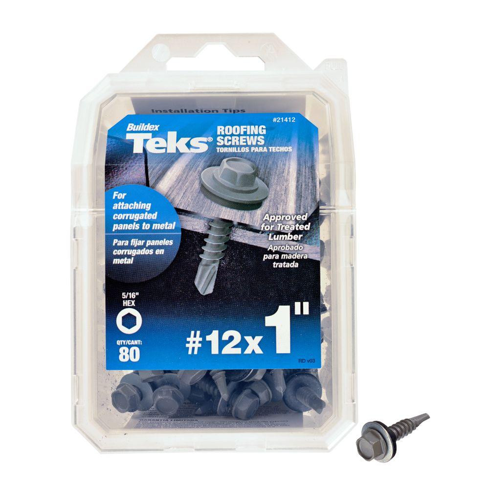 Teks 21412 Hex-Washer-Head Drill Point Roofing Screws, #12 x 1", 80-Count
