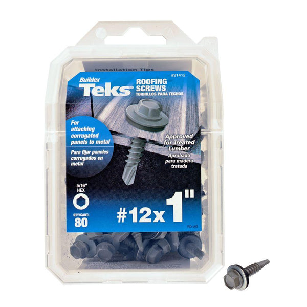 Teks 21412 Hex-Washer-Head Drill Point Roofing Screws, #12 x 1", 80-Count