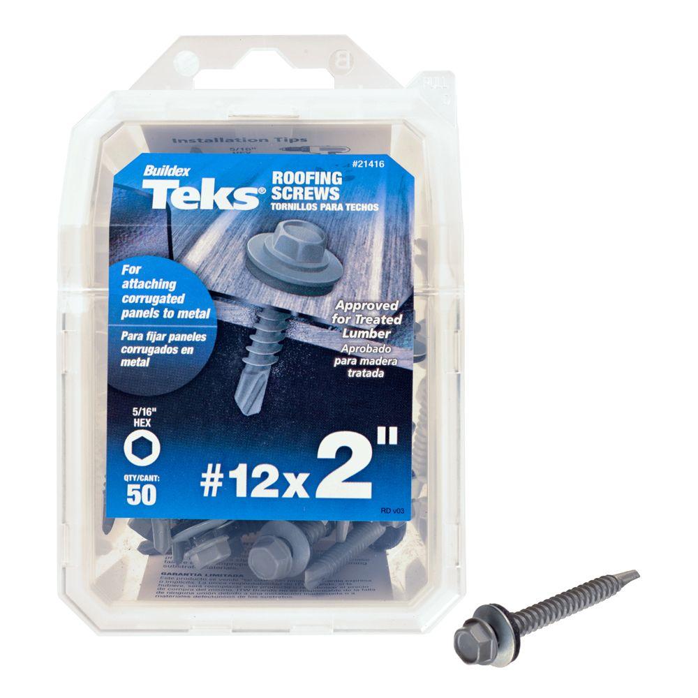 Teks 21416 Hex-Washer-Head Drill Point Roofing Screws, #12 x 2", 50-Count