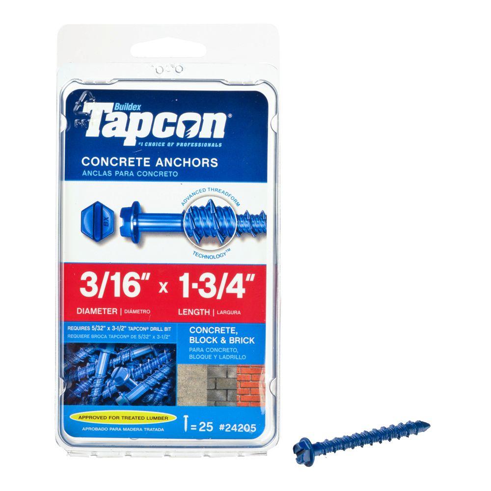 Tapcon® 24205 Hex-Washer-Head Concrete Anchors, 3/16" x 1-3/4", 25-Count
