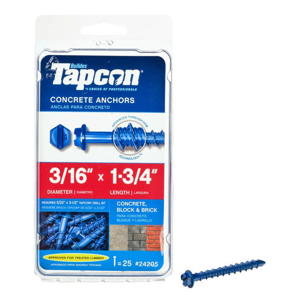 Tapcon® 24205 Hex-Washer-Head Concrete Anchors, 3/16" x 1-3/4", 25-Count