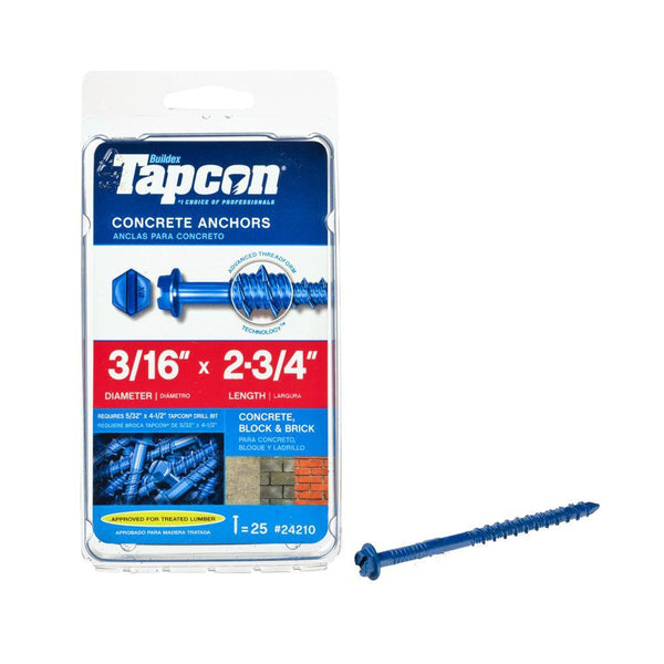 Tapcon® 24210 Hex-Washer-Head Concrete Anchors, 3/16" x 2-3/4", 25-Count