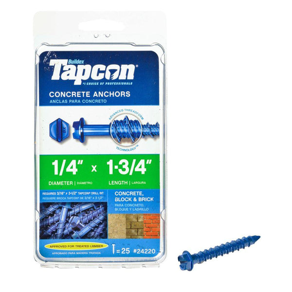 Tapcon® 24220 Hex-Washer-Head Concrete Anchors, 1/4" x 1-3/4", 25-Count