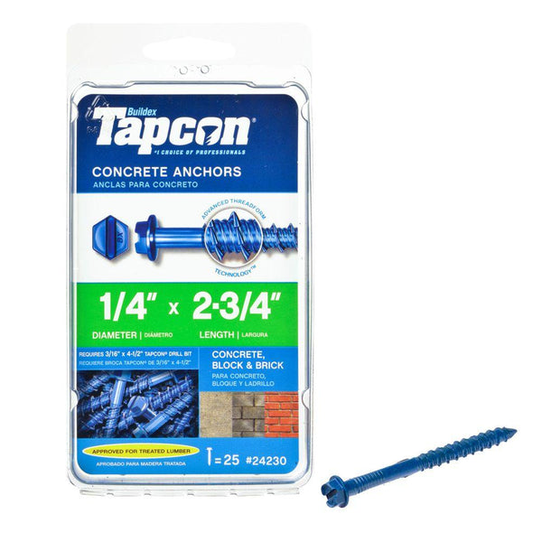 Tapcon® 24230 Hex-Washer-Head Concrete Anchors, 1/4" x 2-3/4", 25-Count