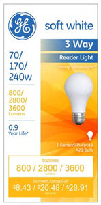 GE Lighting 15846 3-Way A21 Reader Light Bulb, 70/170/240W, Soft White