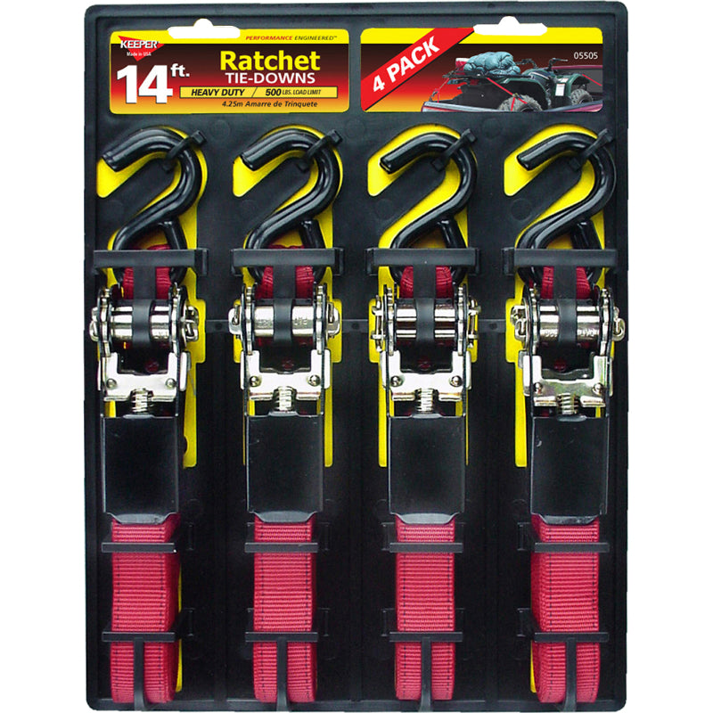 Keeper® 05505 Ratchet Tie-Down with S-Hooks, 14' x 1", 4-pack
