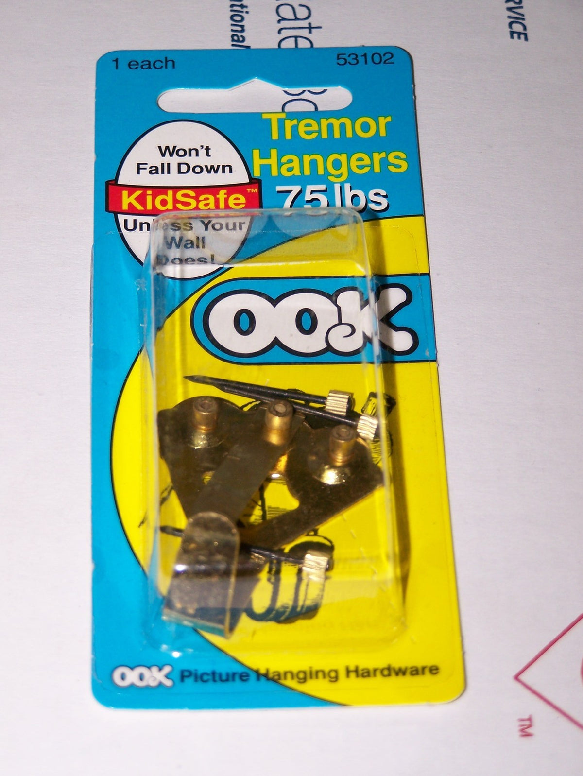 OOK 53102 Steel Tremor Picture Hanger with Blue Nails, Brass Plated, 75 Lb