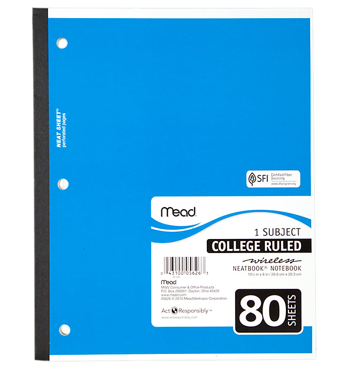 Mead® 05626 College Ruled Wireless Notebook, White Paper, 10.5" x 8", 80-Sheets