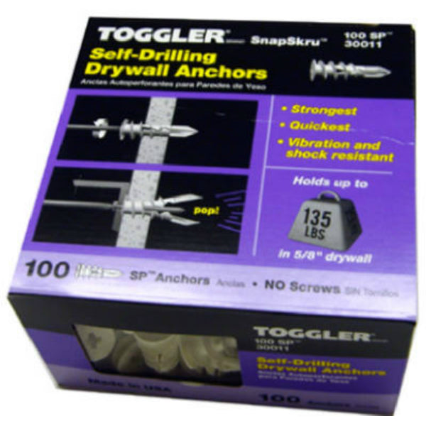 Toggler® 30011 SP Self Drilling Drywall Anchors without Screw, 3/8-5/8", 100-Pack