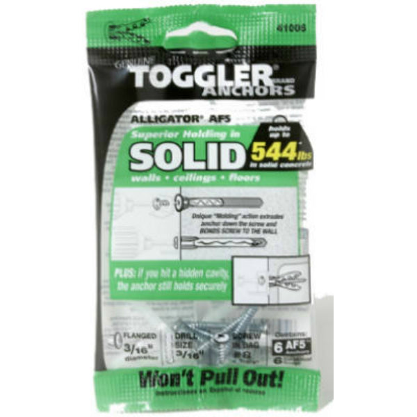 Toggler® 50445 Alligator® AF5 Flanged Solid Wall Anchors w/Screws, 3/16", 6-Pack
