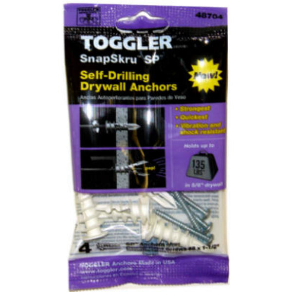 Toggler® 50100 SP SnapSkru® Self Drilling Drywall Anchors w/Screw,3/8"-5/8",4-Pk