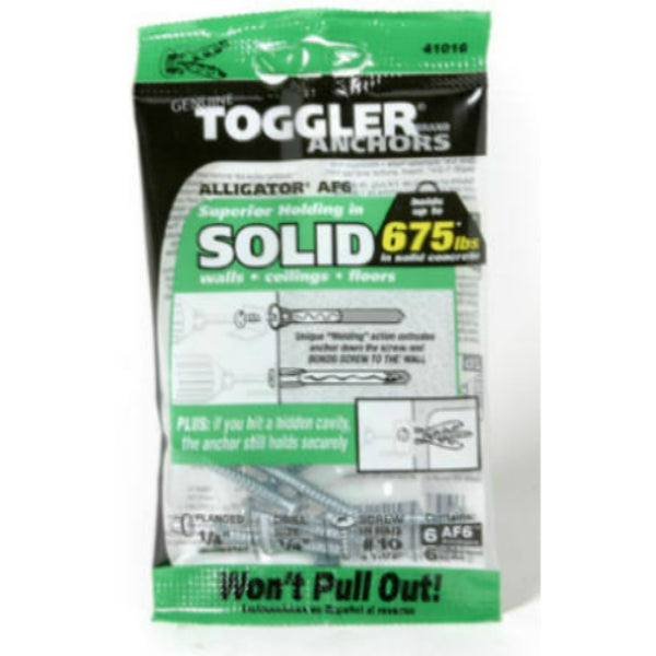 Toggler® 50470 Alligator® AF6 Flanged Solid Wall Anchors w/Screws, 1/4", 6-Pack