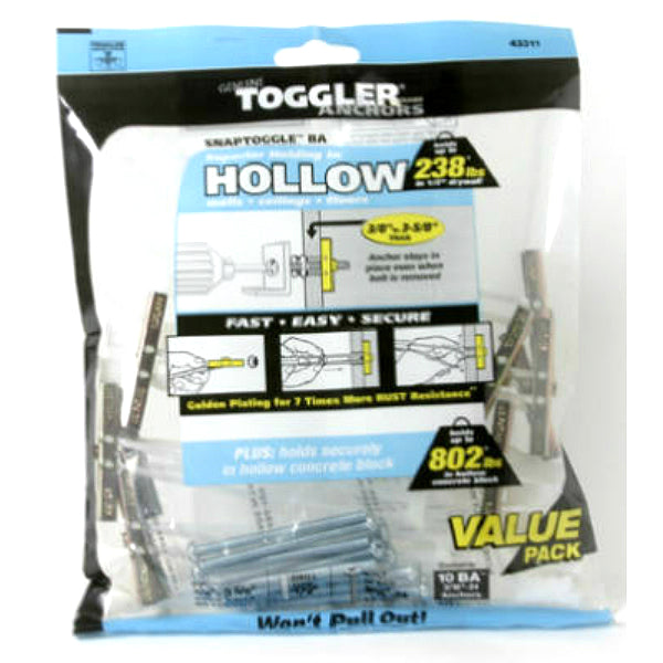 Toggler® 50375 Snaptoggle® BA Hollow Wall Anchors with Bolts, 3/16"-24", 10-Pack