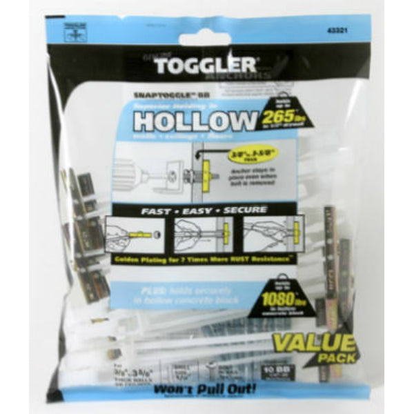 Toggler® 50425 Snaptoggle® BB Hollow Wall Anchors with Bolts, 1/4"-20", 10-Pack
