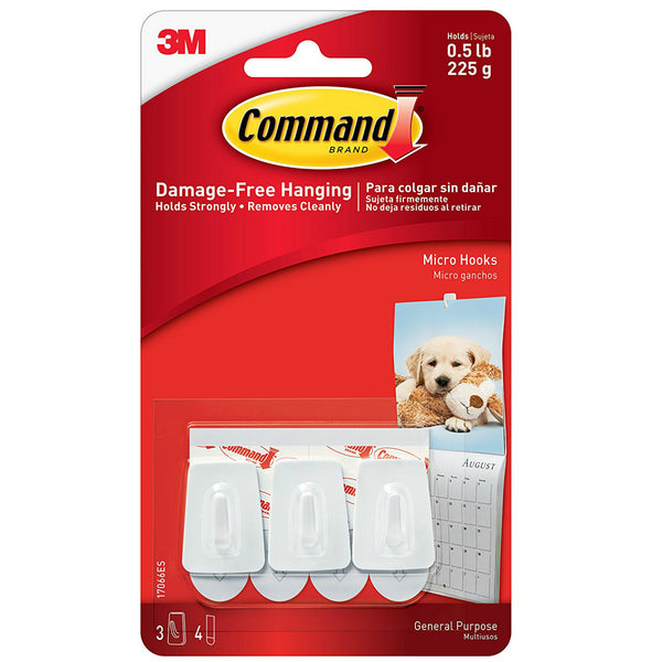 Command 17066 Micro Hooks with Strips, White, 3 Hooks & 4 Strips