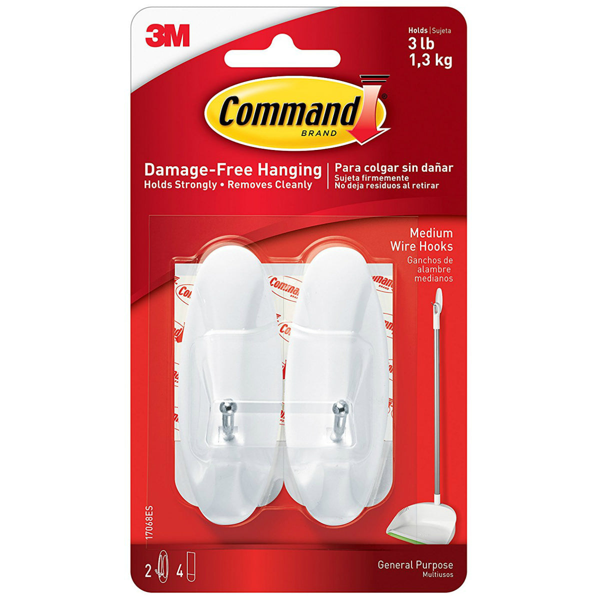 Command 17068 Medium Wire Hooks with Strips, White, 2 Hooks & 4 Strips