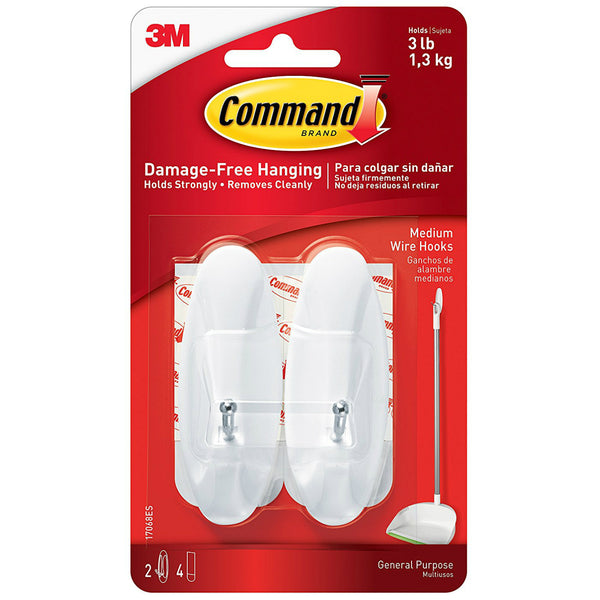 Command 17068 Medium Wire Hooks with Strips, White, 2 Hooks & 4 Strips
