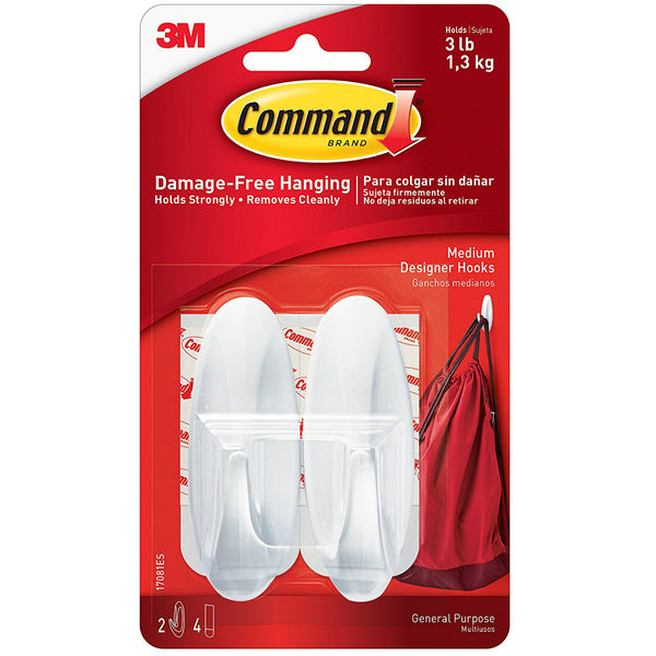 Command 17081 Medium Designer Hooks, White, 2 Hooks & 4 Strips