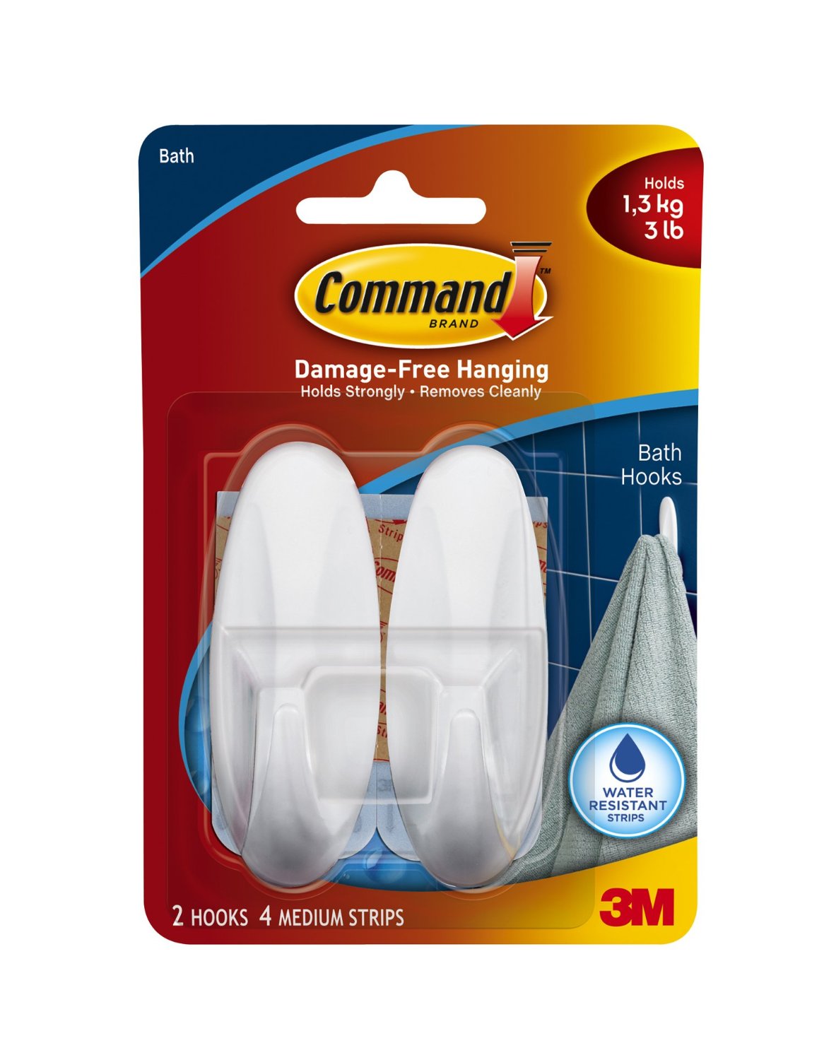 Command 17081B Molded Plastic Bath Designer Hook, Medium, White, 2-Count