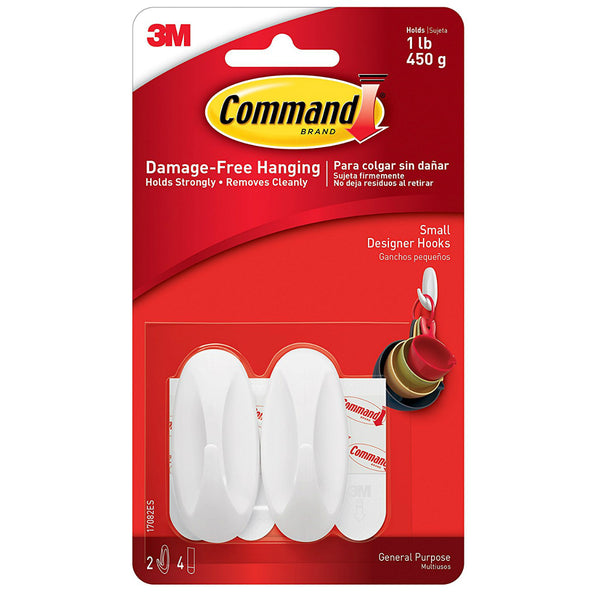 Command 17082 Small Designer Hooks, White, 2 Hooks & 4 Strips