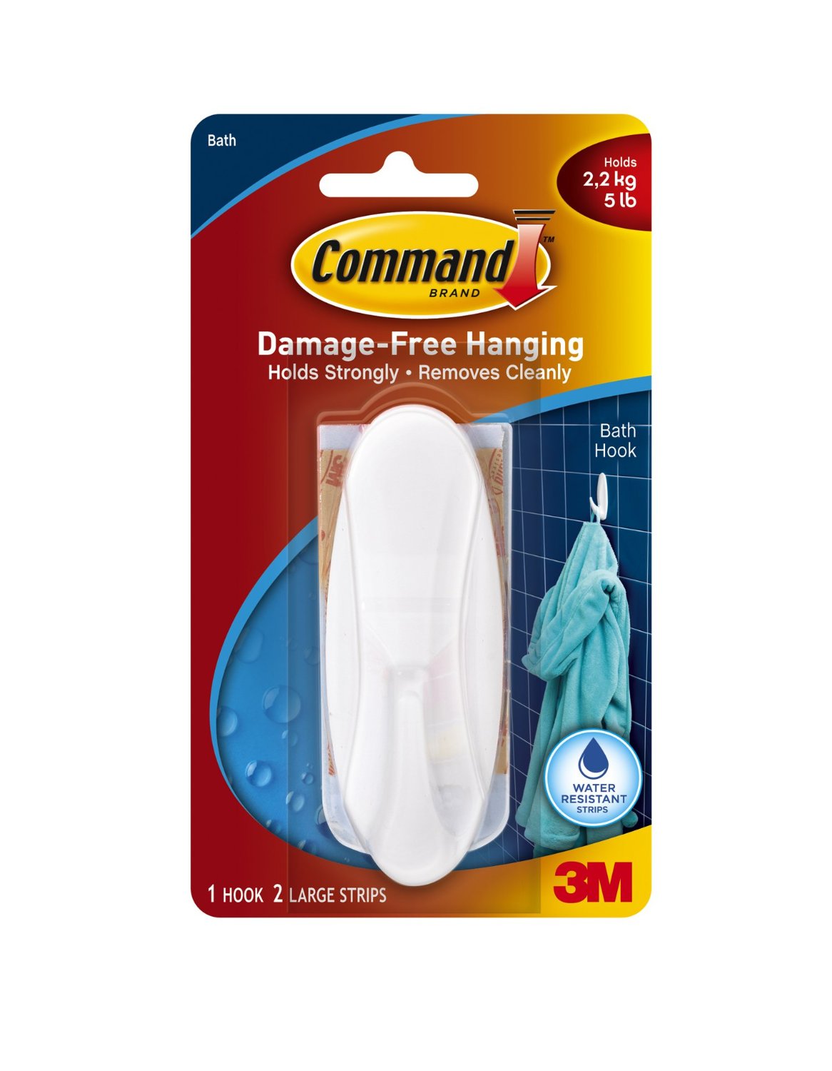 Command 17083B Designer Bath Hook w/Water-Resistant Strips, Large, 1 Hooks & 2 Strips