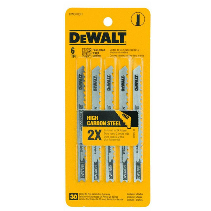 DeWalt® DW3703H U-Shank Clean Cutting Woodcutting HCS Jig Saw Blades, 6TPI, 5-Pk