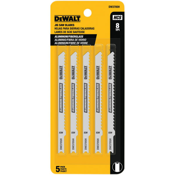 DeWalt® DW3705H Aluminum/Fiberglass Woodcutting HCS Jig Saw Blades, 8TPI, 5-Pk