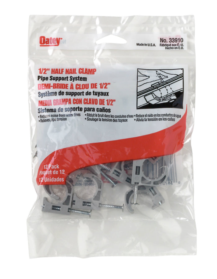 Oatey® 33910 Pipe Half Clamps With Barbed Nail, 1/2", Gray, 12-Pack