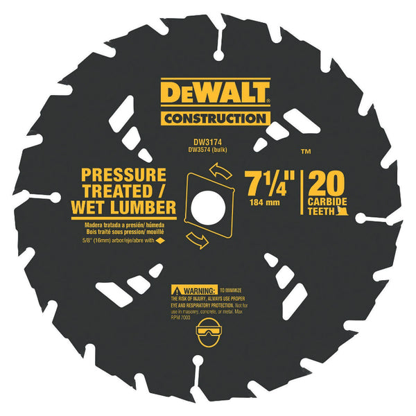 DeWalt® DW3174 Pressure Treated/Wet Lumber Cutting Saw Blade, 20 Teeth, 7-1/4"