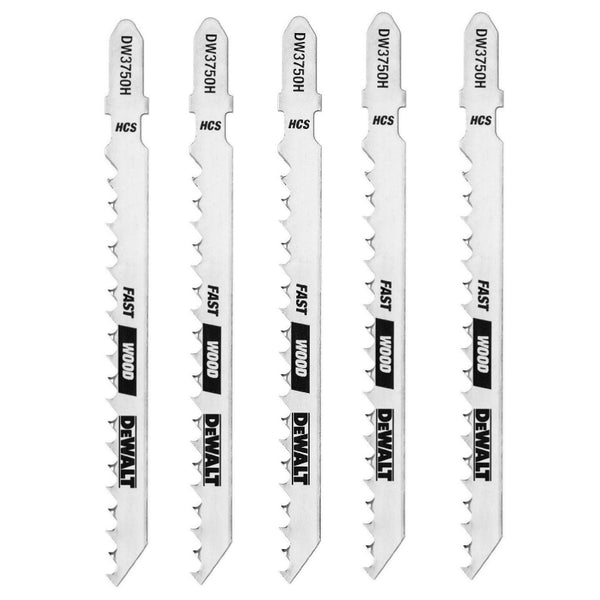 DeWalt® DW3750H T-Shank Fast Wood Cutting HCS Jig Saw Blades, 6TPI, 4", 5-Pack