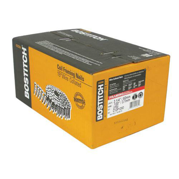 Bostitch C12P120D Smooth Shank 15-Degree Coil Framing Nails, 3-1/4", 2700-Ct
