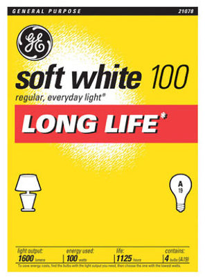 GE Lighting 21078 Incandescent A19 Long Life Bulb, 100W, Soft White, 4-Pack