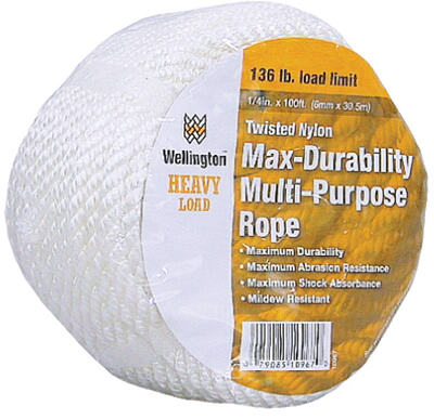 Wellington 10967 Nylon Rope, 1/4" x 100', Silvery White